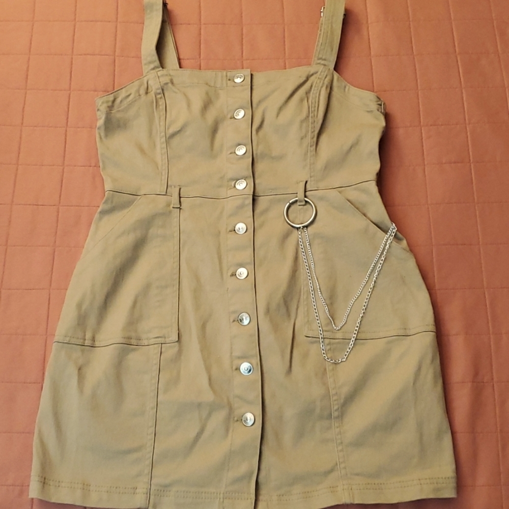 H&M Divided Button Front Overall Dress Size M Khaki